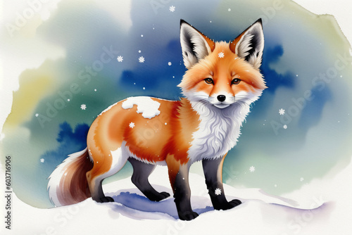 Cute red fox on snow in the winter time. generative ai.