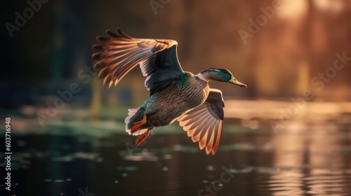 Photographie A mallard duck in flight above the water.