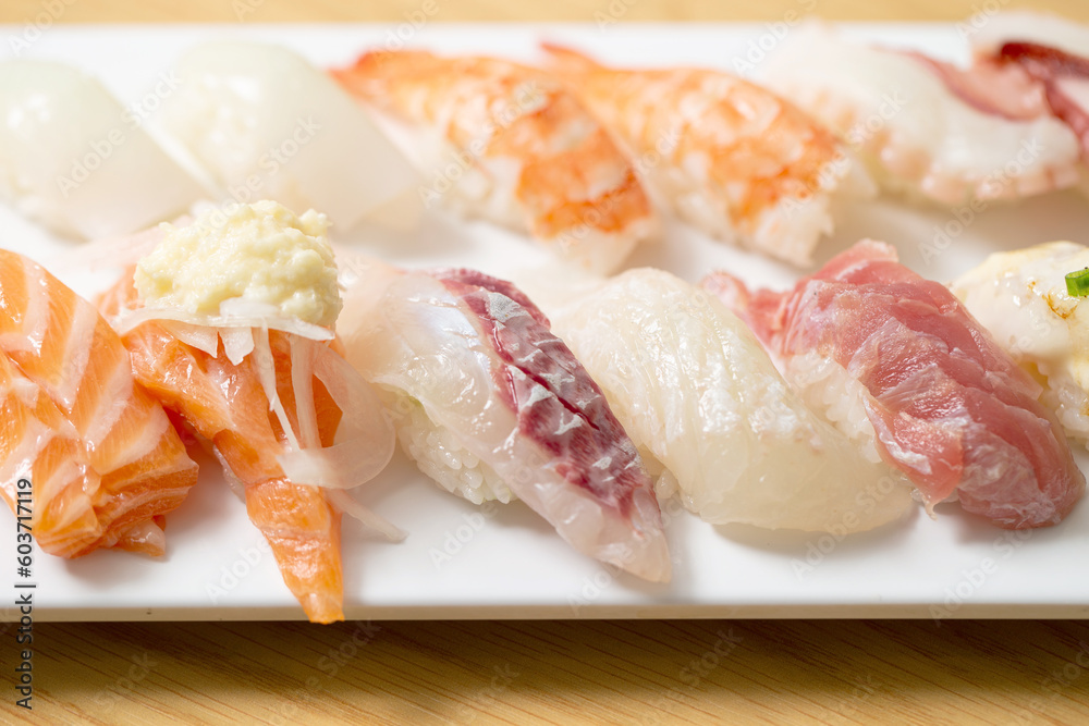 Different types of sushi on a plate