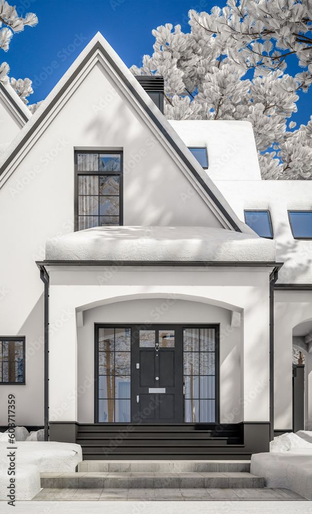 3d rendering of cute cozy white and black modern Tudor style house with parking  and pool for sale or rent with beautiful landscaping. Fairy roofs. Cool winter day with shiny white snow.
