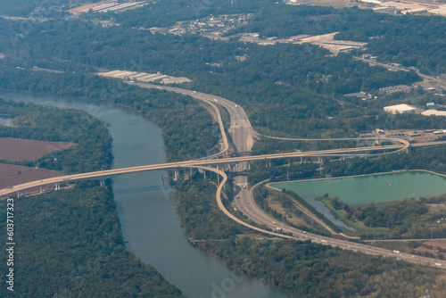 Photography 9/22/22:  Richmond, Virginia, USA - Aerial view of the James River, I-95 and the Vietnam Veterans Memorial Bridge on Pocahontas Parkway I-895 in Chesterfield County south of Richmond