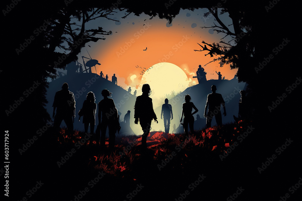 Horror, rise of the dead, halloween illustration concept. Silhouettes of dead zombies in forest against backdrop of moon. Generative AI