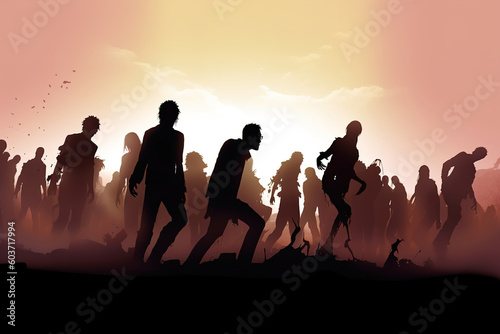Zombie silhouettes  scary walking dead. Horror  rise of dead  halloween illustration concept. Generative AI