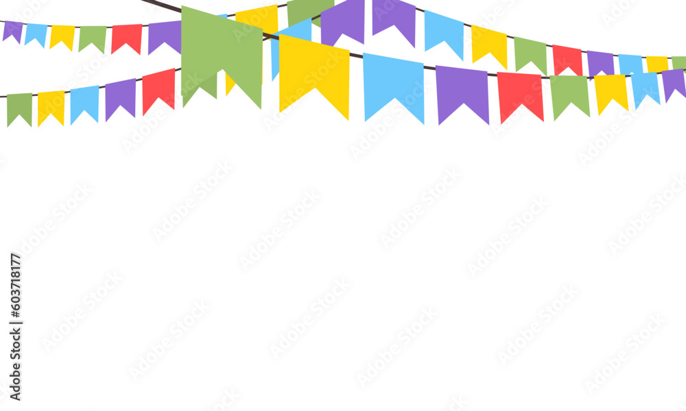 Celebrate hanging buntings garlands. Colorful perspective flags party isolated on white background. Birthday, Christmas, anniversary, and festival fair concept. Vector illustration flat design. Celebrate hanging buntings garlands. Colorful perspective flags party isolated on white background. Birthday, Christmas, anniversary, and festival fair concept. Vector illustration flat design.