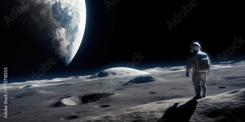 Rear view of an astronaut gazing at a beautiful earthrise, marveling at the blue planet from the vantage point of the moon, concept of Awe-inspiring vastness, created with Generative AI technology photo