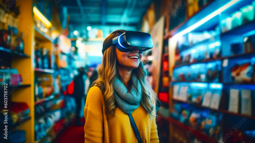 person wearing vr glass,virtual reality headsets and using virtual assistant or panel interface hologram transparent for shopping product.technology development.generative ai technology