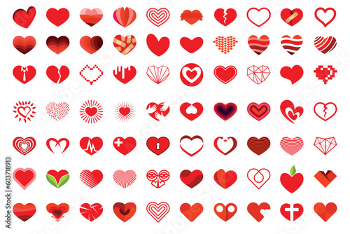 Set of set hearts in red color many options for design layout decorative hearts isolated