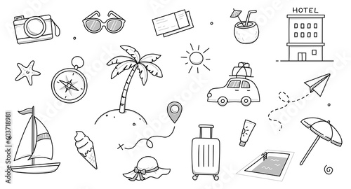 Summer travel vacation drawn set. Hand drawn sketch doodle style summer trip, vacation background. Sun, travel bag, beach tent doodle element. Funny tourism vector illustration.