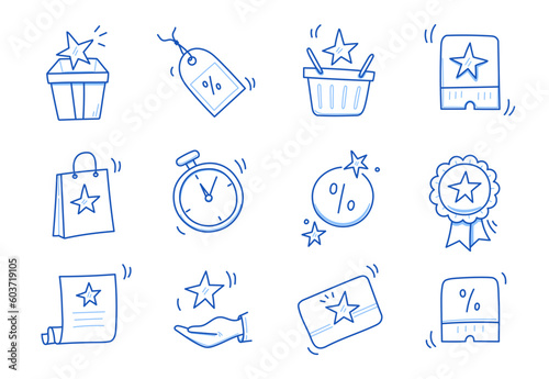 Doodle gift, discount coupon icon set. Hand drawn sketch style bonus card, loyalty program icon. Bonus point reward program offer doodle. Blue line stroke. Vector illustration