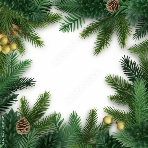 Top view of tree branches red berries and pine cones, Christmas ornaments with copy space on white background, Ideal for texts, invitations or greeting cards.