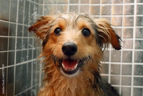 A dog in the shower created with generative AI technology. photo