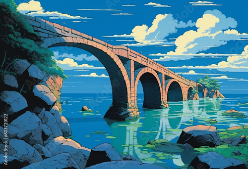 Bridge next to the water next to a blue ocean.