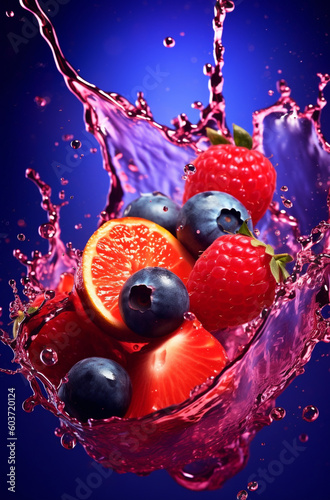 fresh multi fruits splashing into blue clear water splash, healthy food diet freshness concept