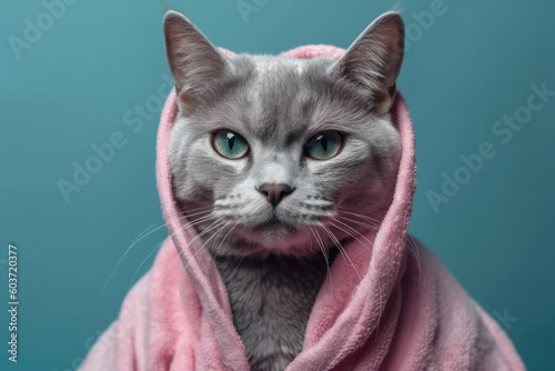 Charming, adorable, funny grey cat in a pink robe with a hood on an isolated blue background. After the bath. Generative AI.