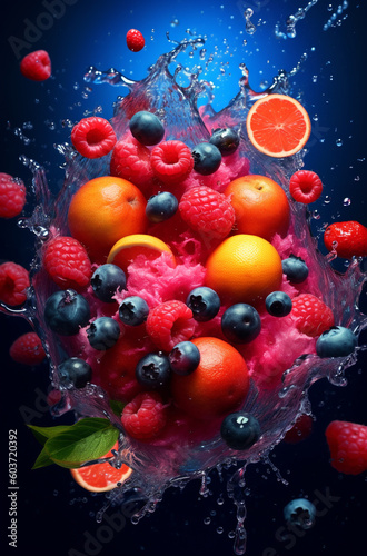 fresh multi fruits splashing into blue clear water splash, healthy food diet freshness concept