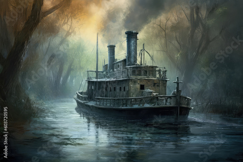 ship in the river background
