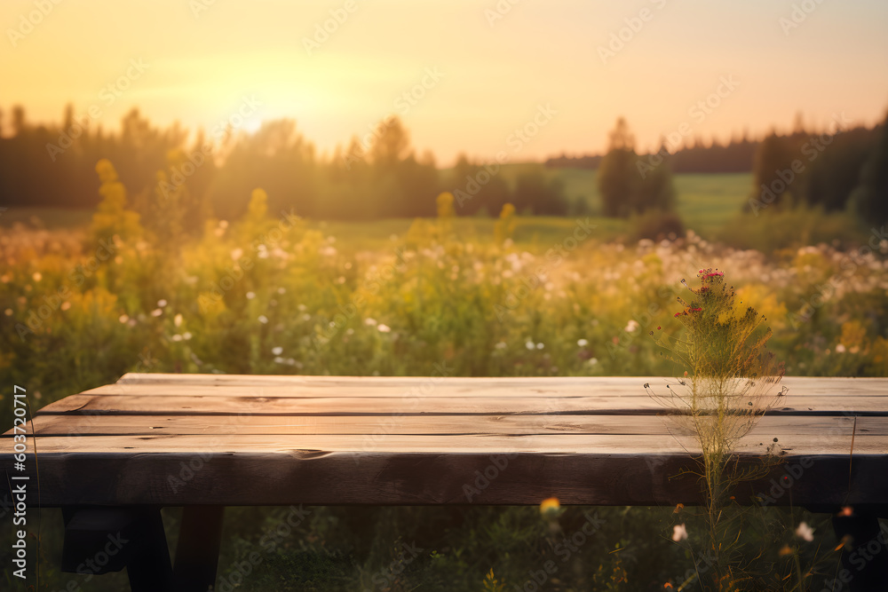 Naklejka premium Empty Rustic Wooden Table in front of the Beautiful Meadow with Lens Flare Sunset Background for Product Display. Generative AI Technology.
