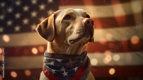 A heartwarming photograph of a loyal canine companion proudly sporting an American flag scarf made with Generative AI