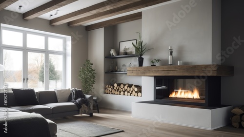 a beautiful house  in which the fireplace is given a lot of attention  impressive design  modern and clean