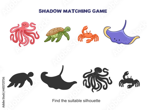 Sea animals shadow matching activity. Kids educational game. Find correct silhouette worksheet colorful printable vector Illustration.