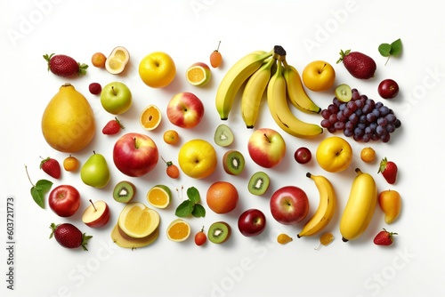 A bunch of fruits including a banana  strawberries  blueberries  and other fruits Generative AI 