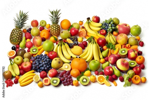 A bunch of fruits including a banana  strawberries  blueberries  and other fruits Generative AI 