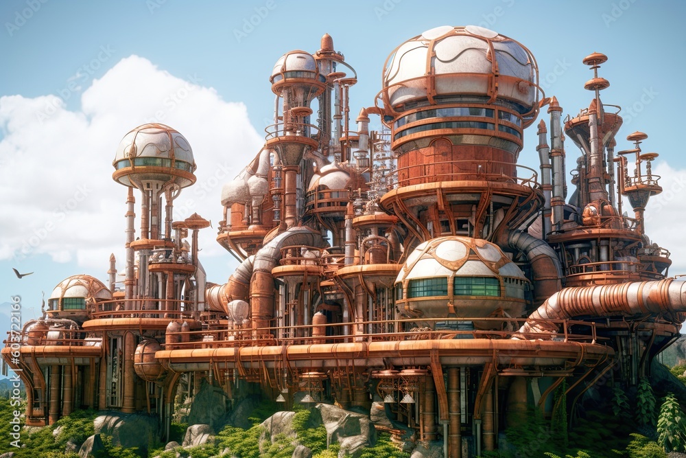 bioenergy power plant:Steam-powered contraptions hum with energy as they extract biofuel from biomass, creating mesmerizing fusion of retrofuturistic aesthetics and sustainable Generative AI