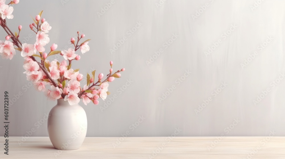 flowering pink cherry branch in vase on white wooden table. Generative AI.