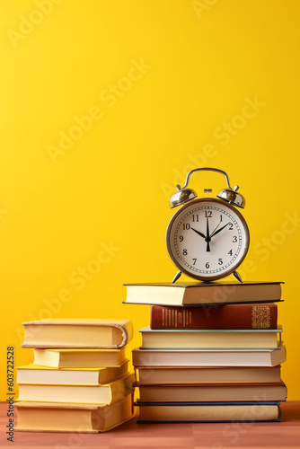 stack of books and clock on yellow background created with AI generative technology