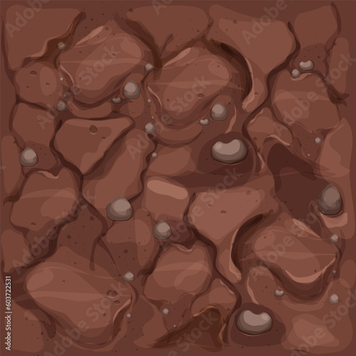 Ground texture, soil top view in cartoon style with stones and texture seamless. Game interface background, brown earth. 