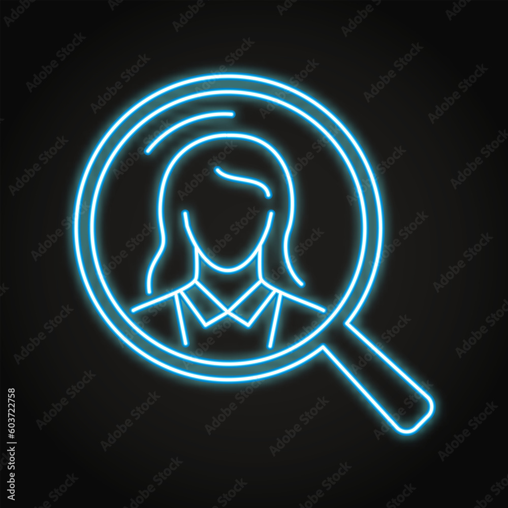 Woman under magnifying glass neon icon Woman under magnifying glass neon icon