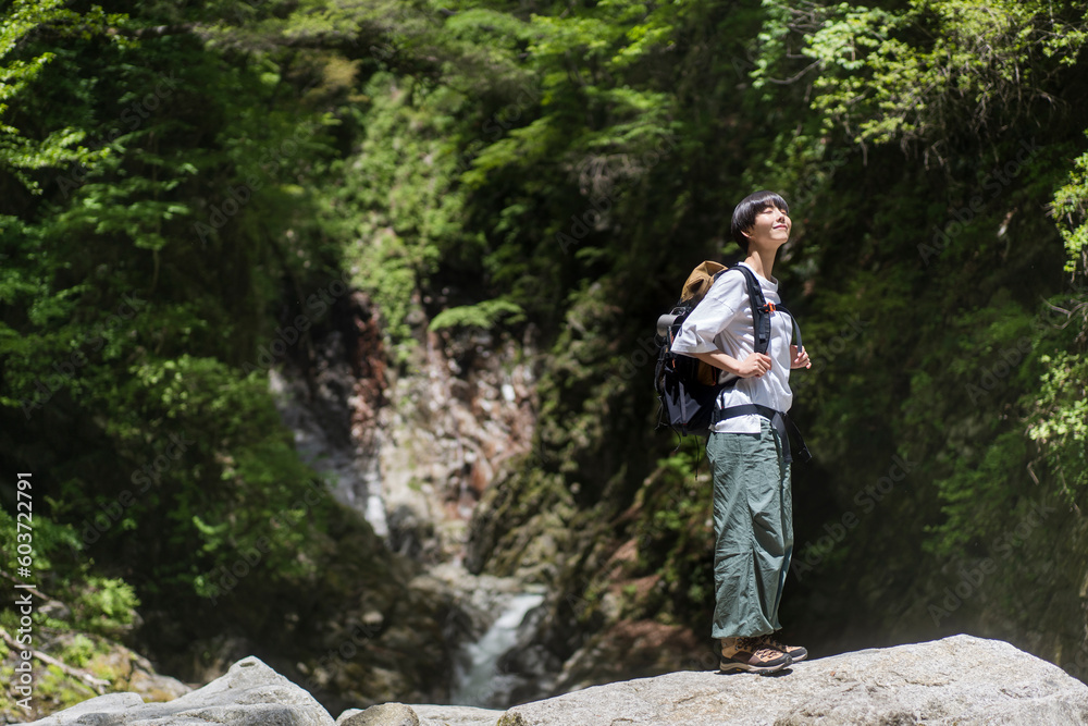 日本の山をトレッキングしている日本人女性/立ち止って景色を眺めている