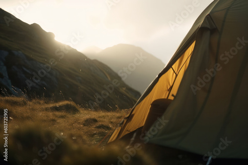 This beautiful mountain view with a tent pitched in the foreground is the perfect backdrop for an unforgettable vacation. Enjoy the serenity and beauty of the great outdoors. AI Generative.