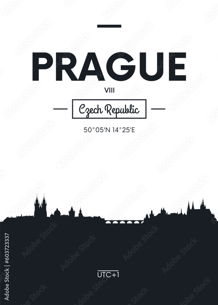 Travel poster detailed city skyline Prague, urban landmarks silhouette, vector artwork