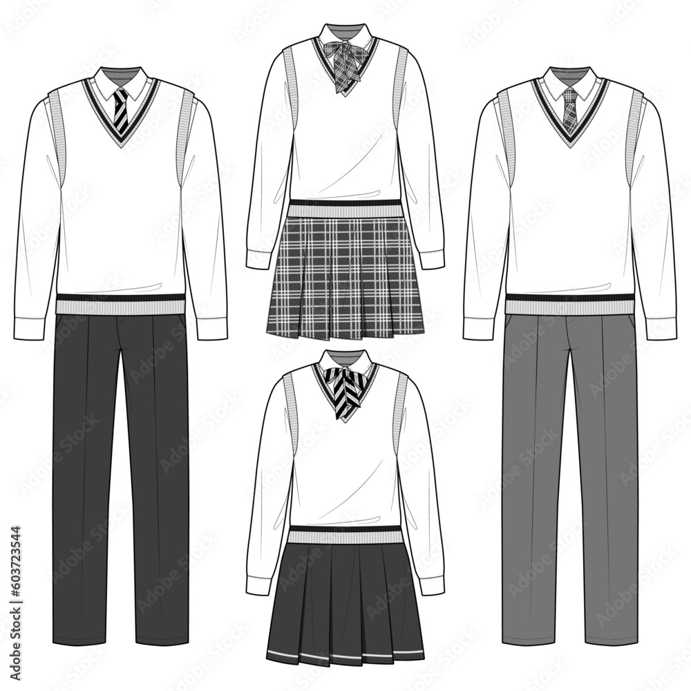 Technical flat sketch of school uniform design template. Long sleeve collar shirt, straight fit