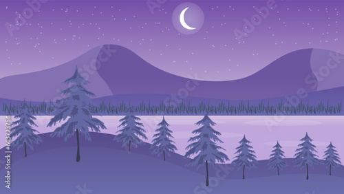 Vector Evening Silhouette Beautiful Colorful Scenery Landscape Illustration Fine Art Background