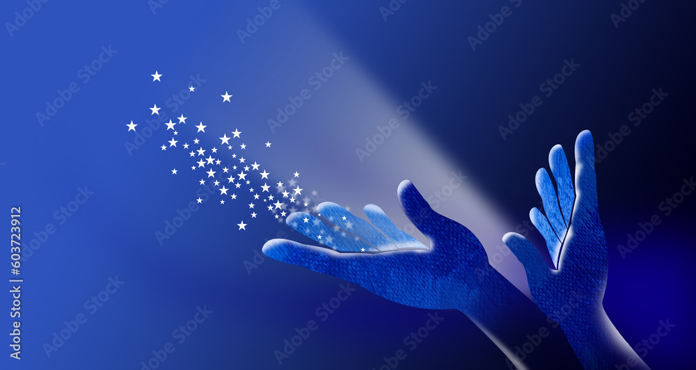 Hands open with magical stars abstract graphic background