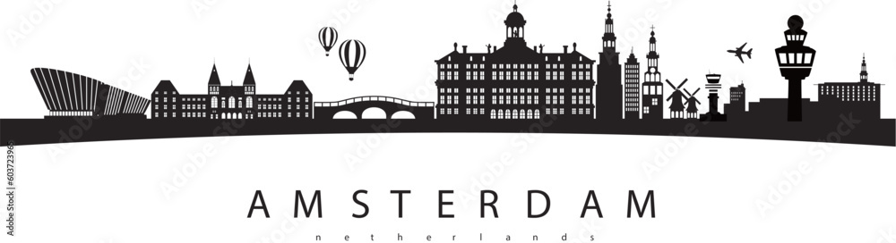 Amsterdam skyline, Netherlands, Silhouette vector