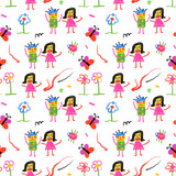 seamless pattern of children's drawings-little men,houses,flowers.Children's doodles with felt-tip pens and pencils.Funny ornament for the nursery.Children's scribbles with freaky dudes.Hippie style	