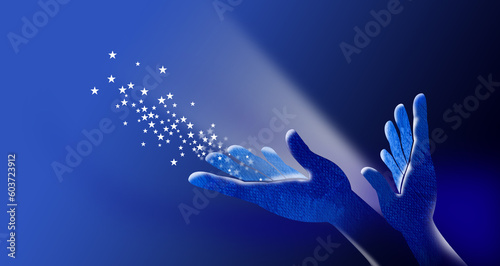 Hands open with magical stars abstract graphic background © gdarts