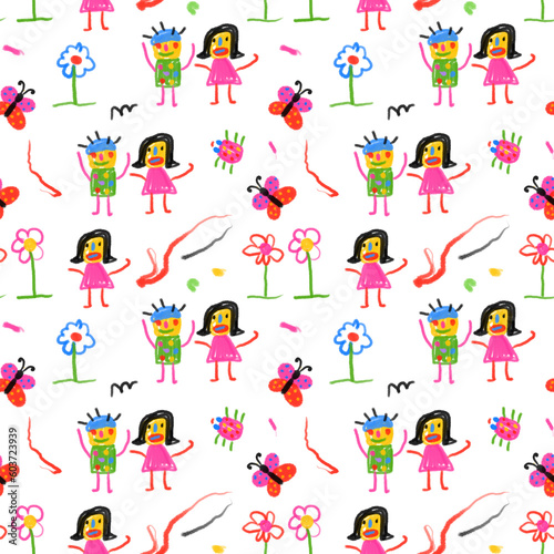 seamless pattern of children s drawings-little men houses flowers.Children s doodles with felt-tip pens and pencils.Funny ornament for the nursery.Children s scribbles with freaky dudes.Hippie style 
