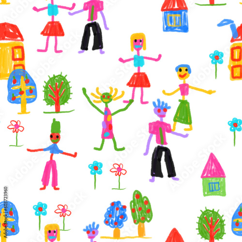 seamless pattern of children's drawings-little men,houses,flowers.Children's doodles with felt-tip pens and pencils.Funny ornament for the nursery.Children's scribbles with freaky dudes.Hippie style