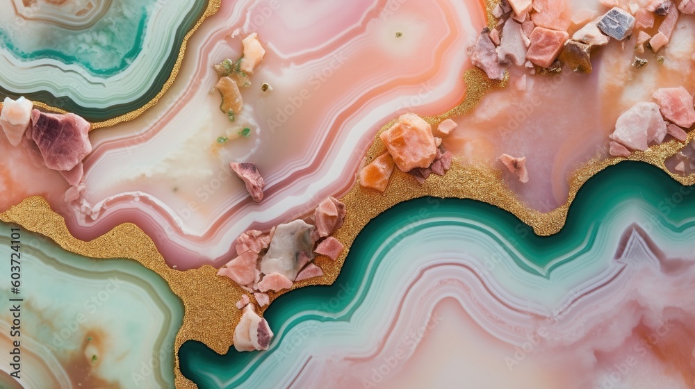 Generative AI, natural volcanic agate stones close-up light pink, green and golden texture. Wallpaper background, quartz marble, decorative rock pattern. - obrazy, fototapety, plakaty 
