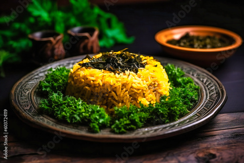a plate of rice with sauce and green fern leaves on it