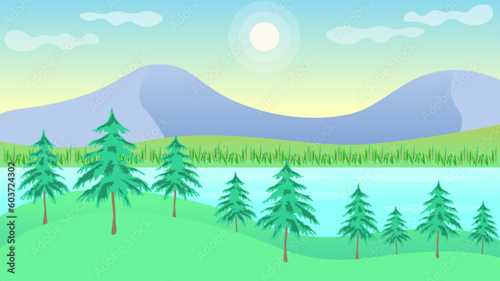 Obraz premium Vector Sunrise Silhouette Beautiful Colorful Scenery Landscape Illustration Fine Art Background