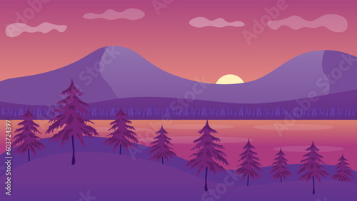 Vector Sunset Silhouette Beautiful Colorful Scenery Landscape Illustration Fine Art Background