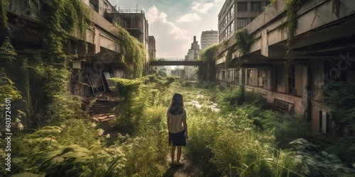 Person watching the transformation of an ordinary city into a lush, summer wonderland, as nature reclaims the concrete jungle, concept of Ecological resurgence, created with Generative AI technology