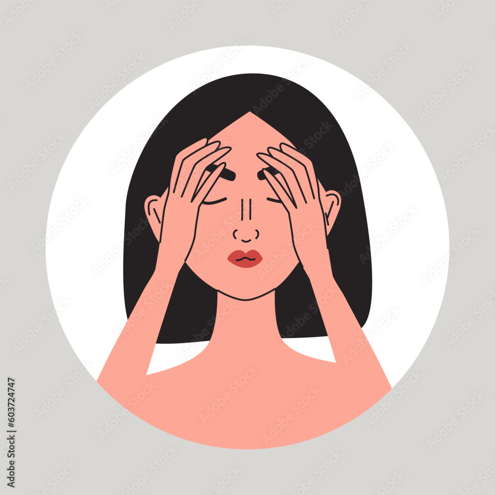Facial pain. Young women suffering from a migraine. Female with health problem. Nose pain and painful eyes symptom of sinusitis or different disease. Flat vector medical illustration Facial pain. Young women suffering from a migraine. Female with health problem. Nose pain and painful eyes symptom of sinusitis or different disease. Flat vector medical illustration
