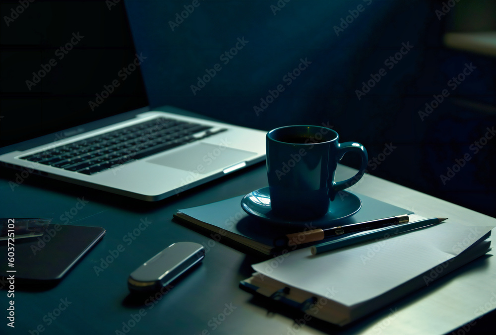 a laptop computer with a note pad and two cups is in front of a notebook