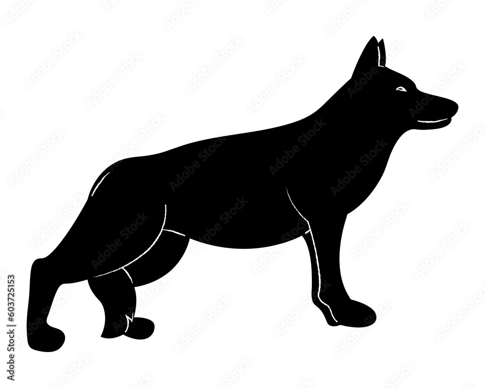 German shepherd silhouette. Doodle black and white vector illustration.